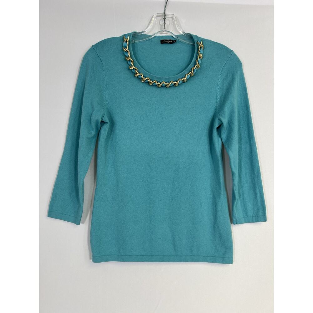 J Mclaughlin Black 3/4 Sleeve Sweater Gold Chain Neckline Women's Xs Aqua Blue